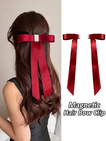 Magnetic Hair Bow Clip For Women, Wine Red Long Satin Ribbon Bowknot Barrette, Vintage Silk-Like Hair Accessories For Thick/Thin Hair, Wedding Party Daily Wear Summer Hair Buns