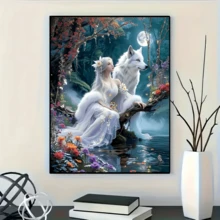 1件装全新钻石画套装，以《美女与狼》为主题，5D圆形水晶钻石马赛克DIY工艺品，适合制作手工礼物，装饰客厅、卧室，也适用于宰牲节、父亲节、母亲节、婚礼、五一劳动节、复活节、圣诞节、情人节等场合，无框。 - 查看 8