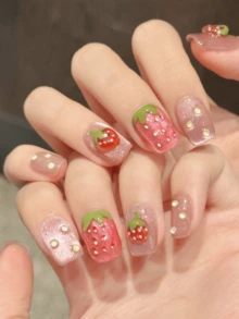 10片方形手工美甲贴纸，适合派对和日常佩戴，“草莓奶昔”3D草莓猫眼方形美甲贴纸，易于佩戴。10片Y2K风格手工美甲贴纸，适合女性节日派对和日常佩戴，也是情人节和母亲节礼物的理想选择。按压式美甲贴纸。 - 粉色 - 查看 4