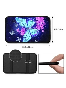 通用型汽车扶手套 - 蓝色蝴蝶和粉色樱花印花汽车中控台垫，易于安装，适用于所有车型 - A - 查看 7