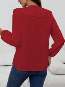 Women's Fashionable Elegant Casual Ruffle V-Neck Long Sleeve Blouse, Suitable For Spring And Autumn - Red - View 2