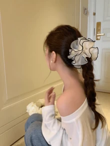  Elegant White Organza Flower Hair Tie With Black Edge, Sheer Hair Scrunchie For Daily & Party Wear - Beige - View 2