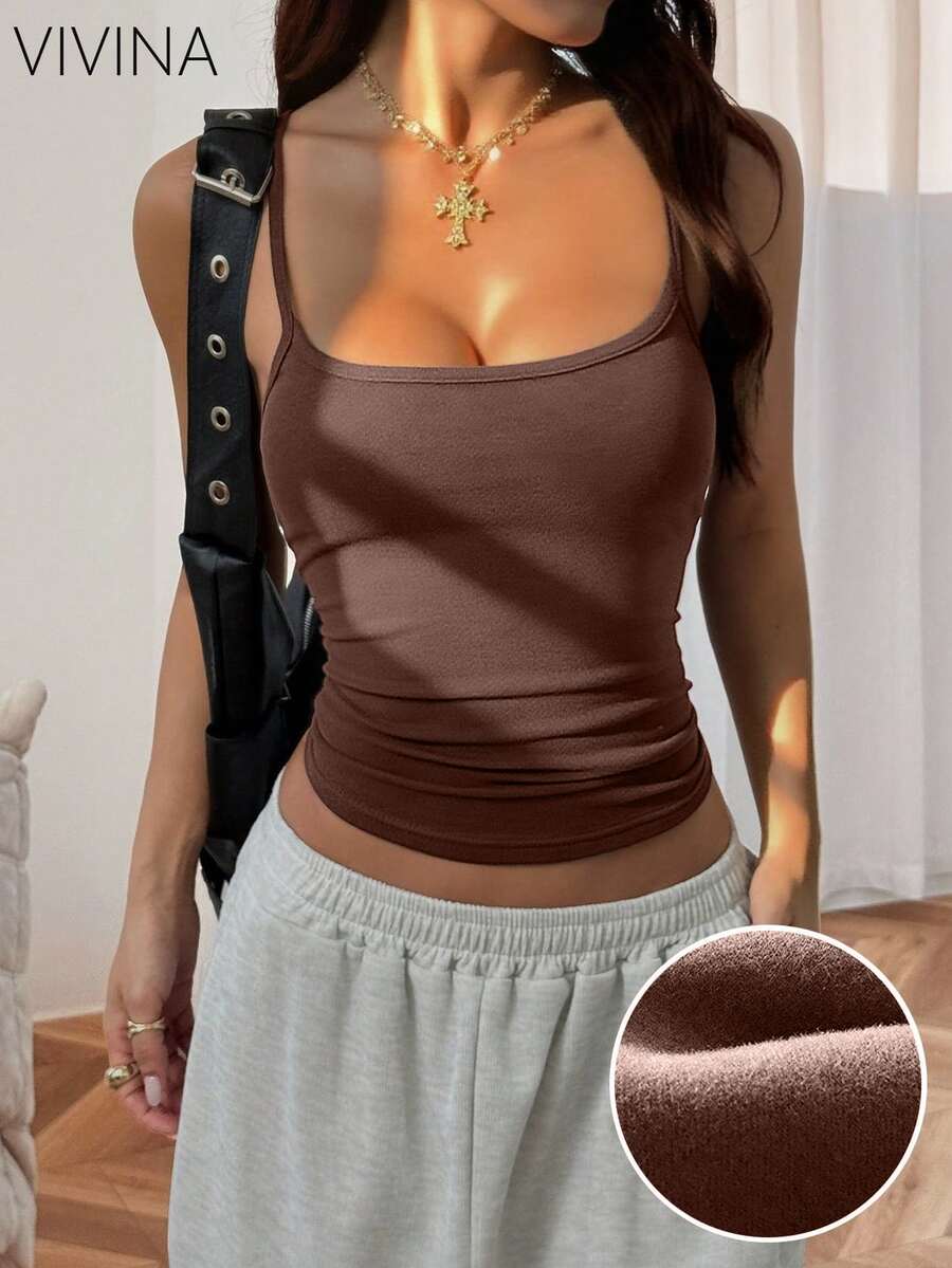 VIVINA 女士纯色舒适春夏简约休闲背心，巧克力色，简约百搭性感少女丝绒打底衫，修身休闲柔软丝绒内衣，适合旅行、上学、日常约会、通勤、度假穿着 - 摩卡棕 - 查看 1