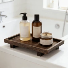 Wooden Tray Rustic Toilet Storage Sink Organizer Desk Organizer Decorative Tray Versatile Bathroom Organizer Multi-Purpose Space-Saving - Brown - View 3