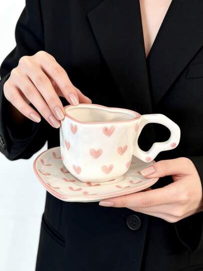 1 Set Heart-Shaped Ceramic Cup & Saucer, Niche Design, Heart-Shaped Handle Cup, Heart-Shaped Saucer, Breakfast Cup & Saucer, Afternoon Tea Cup, Suitable For Home, Restaurant, Cafe