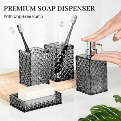 4-5 Piece Set Solid Color Rhombus Pattern Bathroom Storage Set | Bathroom Decor And Vanity Organizer Set - Includes Toilet Brush Holder, Soap Dish, Lotion Bottle, Mouthwash Cup And Toothbrush Cup. Keeps Your Bathroom Essentials Neatly Organized On The Vanity/Bathroom Countertop. Durable And Elegant, Ideal For Housewarming Gifts Or Daily Use. The Perfect All-In-One Solution To Create A Tidy And Stylish Bathroom (Home Bathroom Storage).