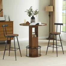 3-Piece Bar Table And Stool Set: 80cm Round Table With Two Stools, Wooden Dining Table With Ring-Shaped Metal Footrests. Suitable For Dining Rooms, Cafes, Bars, Living Rooms, Etc. Walnut. - Walnut - View 3