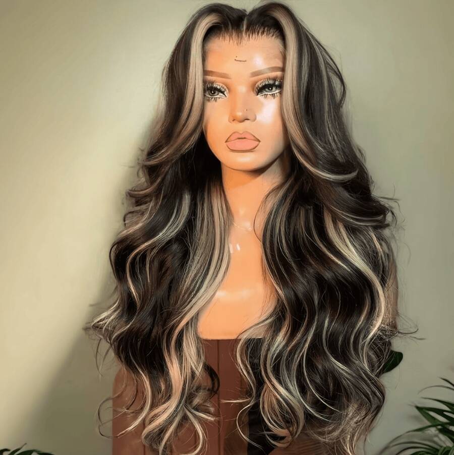 5x5/13x4 Body Wave Glueless Wigs Human Blended Hair 200% Density Highlight #1B/27 13x4 HD Transparent Lace Frontal Weaves Brazilian Virgin Hair Wig Pre Plucked Natural Hairline & Pre-Bleached Invisible Knots With Baby Hair Suitable For Women To Wear On Daily Or Holiday Occasions Synthetic Wig Cosplay Wigs Suitable For Halloween Or Parties - S1B/27 - Xem 1