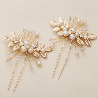2pcs Luxurious Gold Leaf & Pearl Hair Accessories, Sparkling Crystal Bridal Headpiece, Suitable For Weddings, Graduations, Parties, Also Great As Bridesmaid Gifts Or Holiday Presents