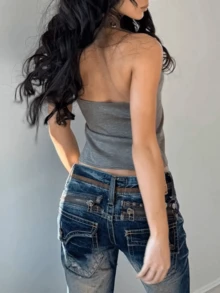 Tank Tops For Women Sleeveless Halter Square Neck Round Hole Trim Backless Slim Fit Going Out Vest Casual Crop Top For Party Clubwear - 灰 - 查看 2