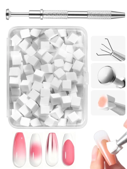 100pcs Soft Nail Sponges For Ombre Nail Polish Sponges Kit With Grabbing Pen, Gradient Nail,Aura Manicure Ombre Nail Brush Tools For Beginners & Nail Techs, Nails To Create A Variety Of Gradient Nail Art Patterns