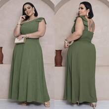 Plus Size One-Shoulder Long Party Dress – Elegant Style And Perfect Fit – Christmas Outfit - Dark Green - View 12