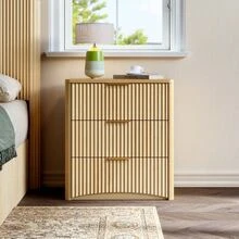Classic Bedside Table With Three Spacious Drawers – Unique Grooved Design, High-Quality Metal Handles And Silent Drawer Slides – Sturdy Legs – Oak - Khaki - View 10