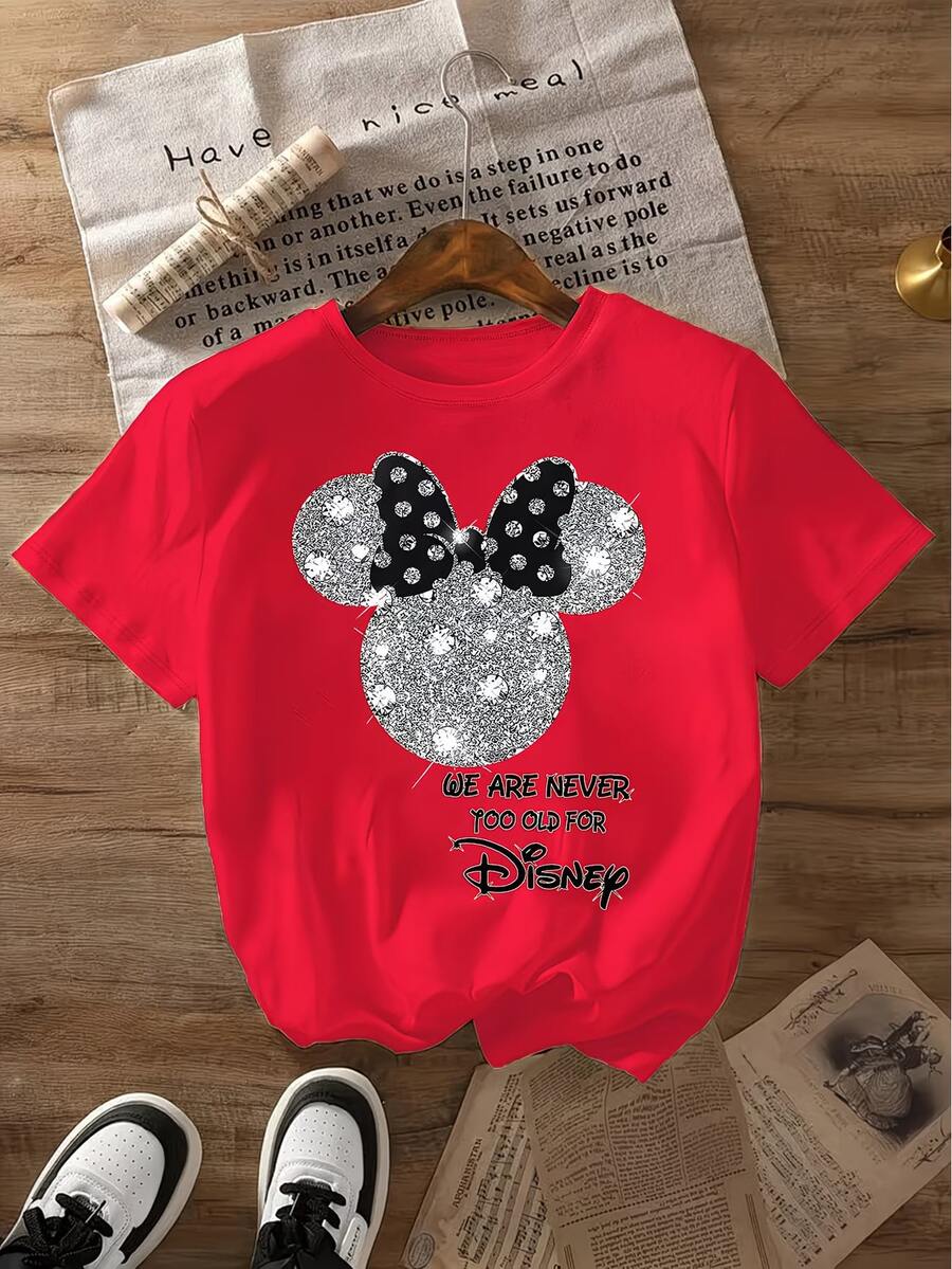 Disney Licensed, Best-Selling Women's Print: Minnie Mouse Head, Diamond Sparkle, Bow, Fashionable And Cute Printed Short-Sleeved Crew Neck T-Shirt. Crew Neck, Casual, Comfortable, Stylish, And Versatile, Suitable For Spring, Summer, And Autumn. Optimistic Design, Elastic Fabric. - 紅色 - 查看 1