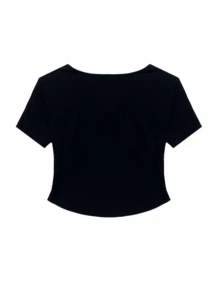 别致方领短袖T恤，蝴蝶结设计，修身显瘦，休闲黑色夏季上衣 - 黑色 - 查看 2