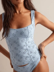 Women Summer Crop Tank Tops Y2k Eyelet Floral Square Neck Backless Vest Top Slim Fitted T Shirt Going Out Tops Tight Lace Up Camisole Beach Vacation Tops Streetwear Aesthetic Clothes - 藍色 - 查看 2