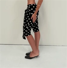Women Polka Dot Skinny Capri Leggings Bow Tie Up Knee Length Capris Pants Sexy Stretchy Y2k Slim Fit Cropped Trousers - 黑色 - 查看 2
