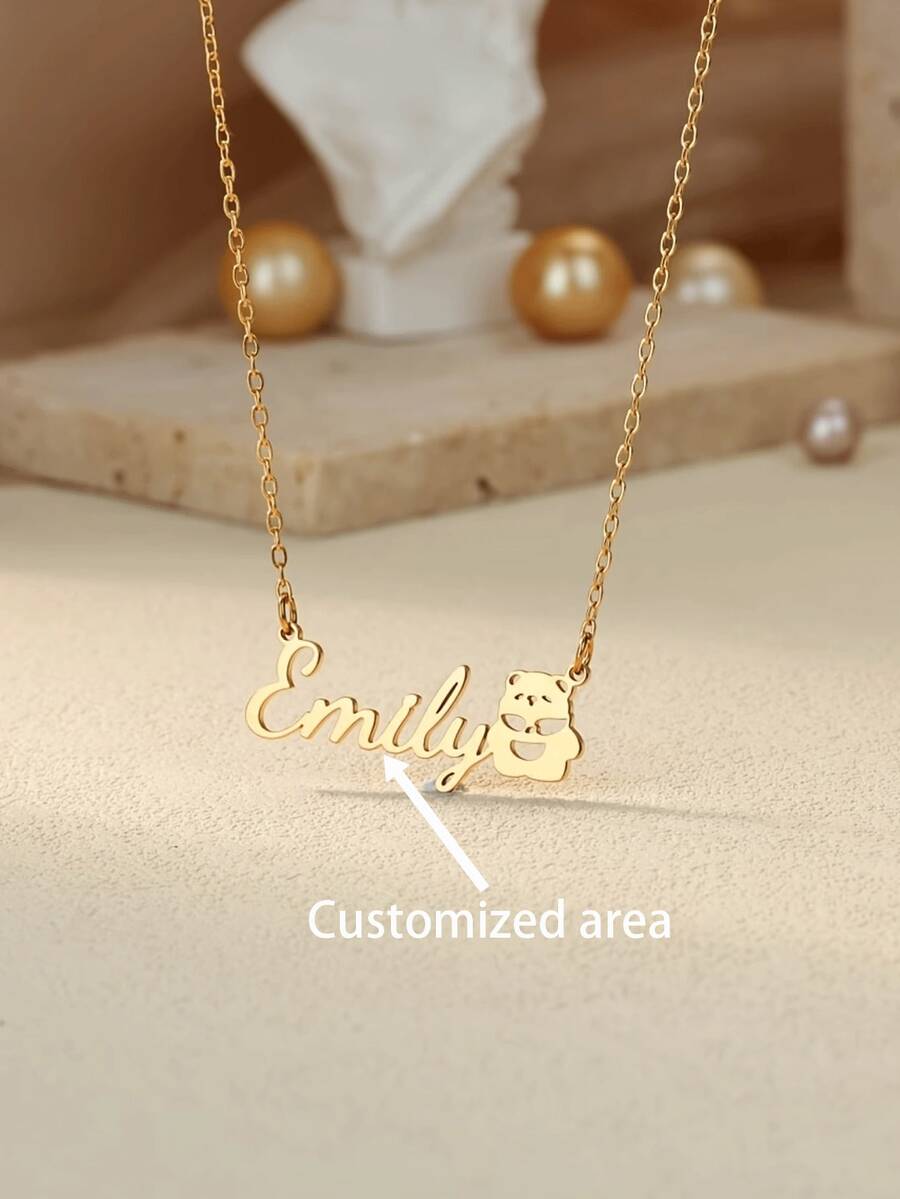 A Custom-Designed Stainless Steel Pendant Necklace With A Bear Pattern, Made With Your Name, As A Birthday Gift. - Multicolor - View 1