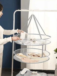 双层可折叠壁挂式晾衣架，网状洗衣篮，适用于毛衣、精致衣物和内衣 - 白色 - 查看 3