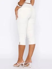 Women Side Slit Capri Pants Stretchy Slim Fit Capris Yoga Leggings Y2k Knee Length Going Out Cropped Pants - 白色 - 查看 2