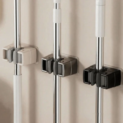 1/3pcs Wall Mounted Mop & Broom Holder, Modern Plastic Storage Clip, No Drill Adhesive Storage Solution, Suitable For Bathroom And Kitchen, Practical Hooks