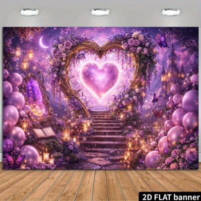 这款2D平面梦幻紫色主题派对横幅背景，以心形花拱门为主题，饰以发光爱心、紫色气球、蝴蝶、复古灯笼、城堡、新月等元素，采用优质涤纶材质，无需电源，适用于室内外活动，可用作墙面装饰或拍照背景。