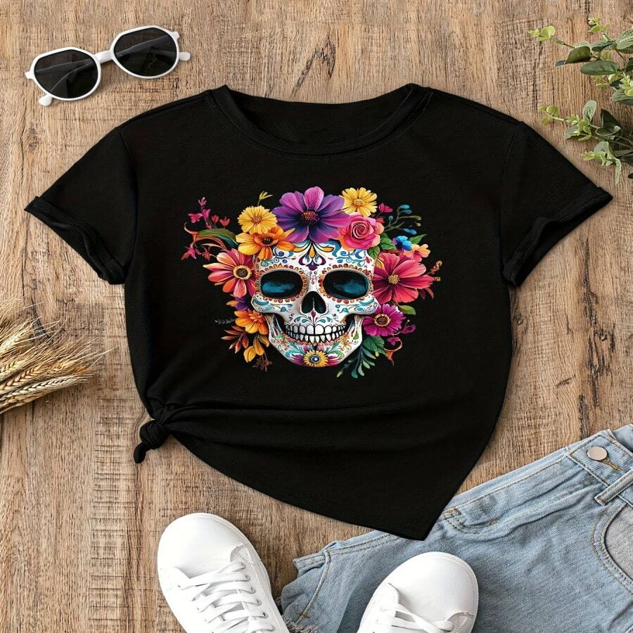 Camiseta Casual de Mujer Talla Grande con Estampado de Calavera y Flores - Mezcla de Algodón Suave, Cuello Redondo Ajustado, Manga Corta, Lavable a Máquina, Diseño Colorido y Vibrante para Atuendos Informales, Tela No Transparente - Multicolor - Ver 1