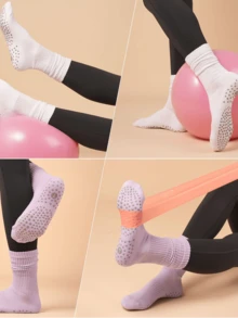 3 Pairs Pilates Slouch Crew Socks For Women Grip Yoga Socks Non Slip Grippers For Barre Ballet Dance Hospital Workout White Pink Purple - 3PT, trắng + hồng + tím - Xem 5
