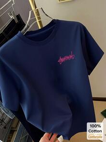 Letter Graphic Short Sleeve Mid-Length T-Shirt, Stylish Casual Top For Women Summer - Navy - View 5