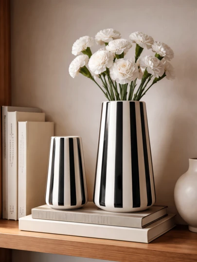 1pc/2pcs Green White Striped Flower Pot Vase Planter , Decorative Vase For Garden, Balcony, Patio And Living Room Tabletop Decor, Modern Home Garden Decoration