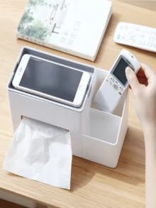 1pc Tissue Box With Storage Function - Modern Design, Multifunctional Desktop Storage Box For Living Room And Bedroom, Living Room Tissue Box, Remote Control Storage Box, Practical Hook, Simple Home Living Room Bathroom Desktop Multi-Layer Tissue Storage Box - Grey - View 4