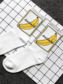 3双香蕉图案中筒袜，独特创意，舒适透气 - 白色 - 查看 4