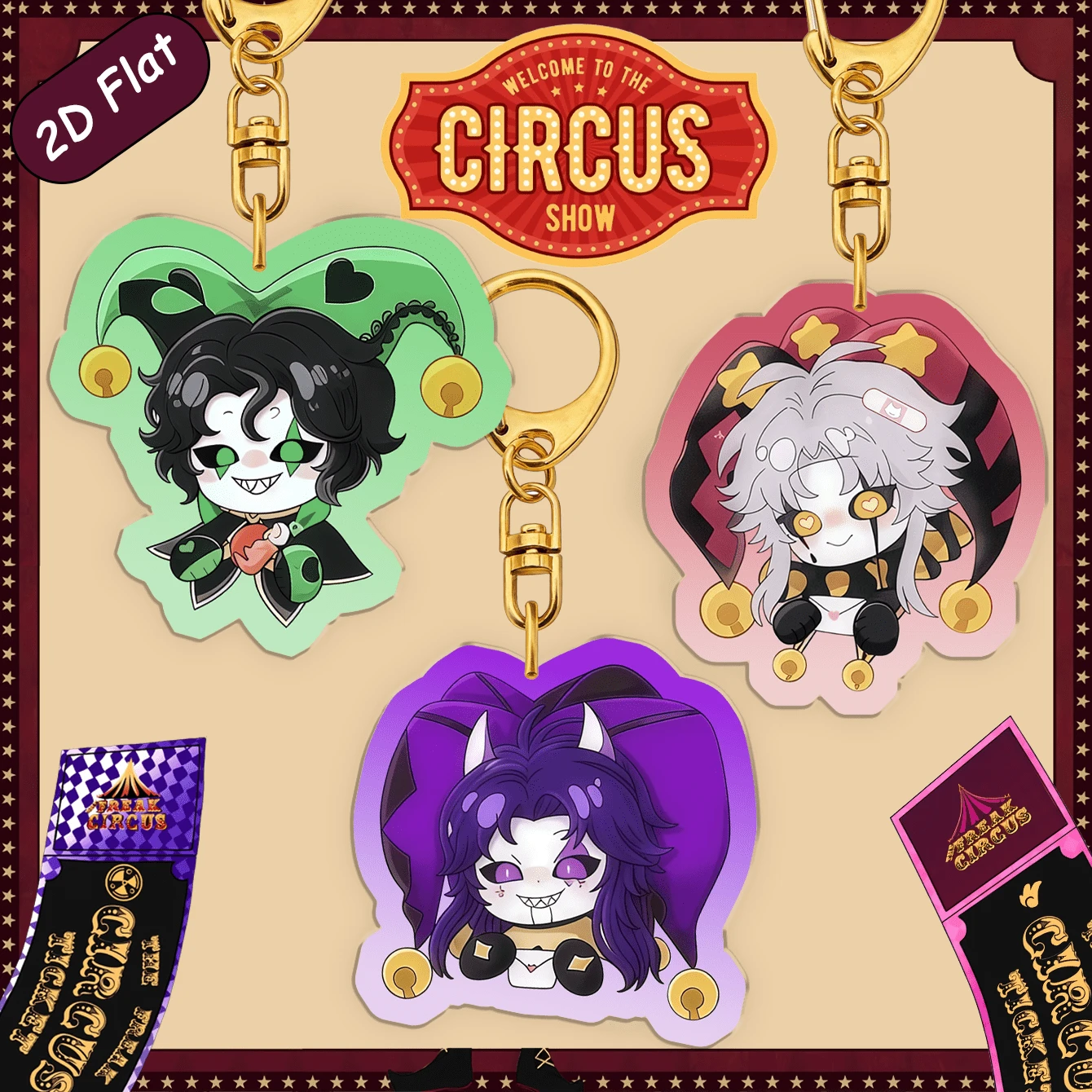 The Freak Circus Keychain, Harlequin, Pierrot, Jester Keychain, Anime Cartoon Keychain, Anime Fans Merchandise, Bag Charm, Water Bottle Decor, Birthday Gift, Party Favor - Multicolor - View 1