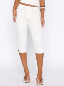 Women Side Slit Capri Pants Stretchy Slim Fit Capris Yoga Leggings Y2k Knee Length Going Out Cropped Pants - 白色 - 查看 3