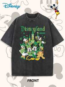 Disney Mickey Mouse And Friends St. Patrick's Day Design, Washed Pure Cotton Short-Sleeved Men's Summer T-Shirt, Distressed Effect, One-Piece Design, Pure Cotton Fabric, Comfortable And Breathable, Casual Outdoor Street Style, Crew Neck; A High-Quality Fashion Brand, It Is An Ideal Surprise Gift For Relatives And Friends. - 黑色 - 查看 1