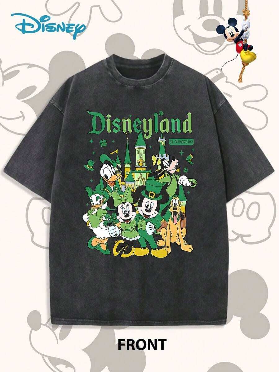 Disney Mickey Mouse And Friends St. Patrick's Day Design, Washed Pure Cotton Short-Sleeved Men's Summer T-Shirt, Distressed Effect, One-Piece Design, Pure Cotton Fabric, Comfortable And Breathable, Casual Outdoor Street Style, Crew Neck; A High-Quality Fashion Brand, It Is An Ideal Surprise Gift For Relatives And Friends. - 黑色 - 查看 1