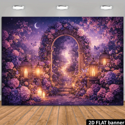 2D Flat Fantasy Night Party Backdrop Banner, Purple Floral Arch Theme With Hydrangea, Vines, Butterflies, Vintage Candle Lamps, Crescent Moon And Stars, Made Of Polyester Material, No Power Needed, Convenient For Indoor/Outdoor Events, Can Be Used As Wall Decor Or Photo Backdrop, Suitable For Home Gatherings, Office Activities, Outdoor Parties, Studio Setups, Holiday Gifts, Lightweight And Easy To Hang, Romantic And Dreamy Decorative Effect To Enhance The Atmosphere