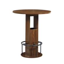 3-Piece Bar Table And Stool Set: 80cm Round Table With Two Stools, Wooden Dining Table With Ring-Shaped Metal Footrests. Suitable For Dining Rooms, Cafes, Bars, Living Rooms, Etc. Walnut. - Walnut - View 11