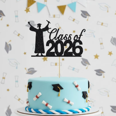 1Pc Class Of 2026 Graduation Cake Topper - Glitter Black Graduate Silhouette Dessert Decor For Graduation Party, Celebration & Ceremony Supplies