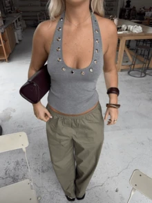 Tank Tops For Women Sleeveless Halter Square Neck Round Hole Trim Backless Slim Fit Going Out Vest Casual Crop Top For Party Clubwear - 灰 - 查看 3