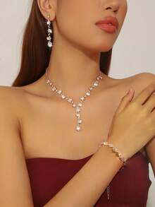 Elegant Bridal Wedding Jewelry Set, Classic Necklace, Earrings, Bracelet, Ring 4-Piece Set, Versatile For Daily, Party, Event Wear Valentine's Day Accessories - White +1 - View 7