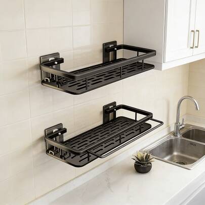 2pcs/1pc New Stylish Multi-Compartment Design, Solid Color, Simple And Easy To Install. Effectively Organizes Toiletries, Cosmetics And Kitchen/Bathroom Essentials. Shower Storage Rack System Saves Space And Enhances Tidiness. Ideal For Home Bathroom, Kitchen Corner, Small Space Decor, Daily Organization And 19 Holiday Decoration Optimization Scenarios.