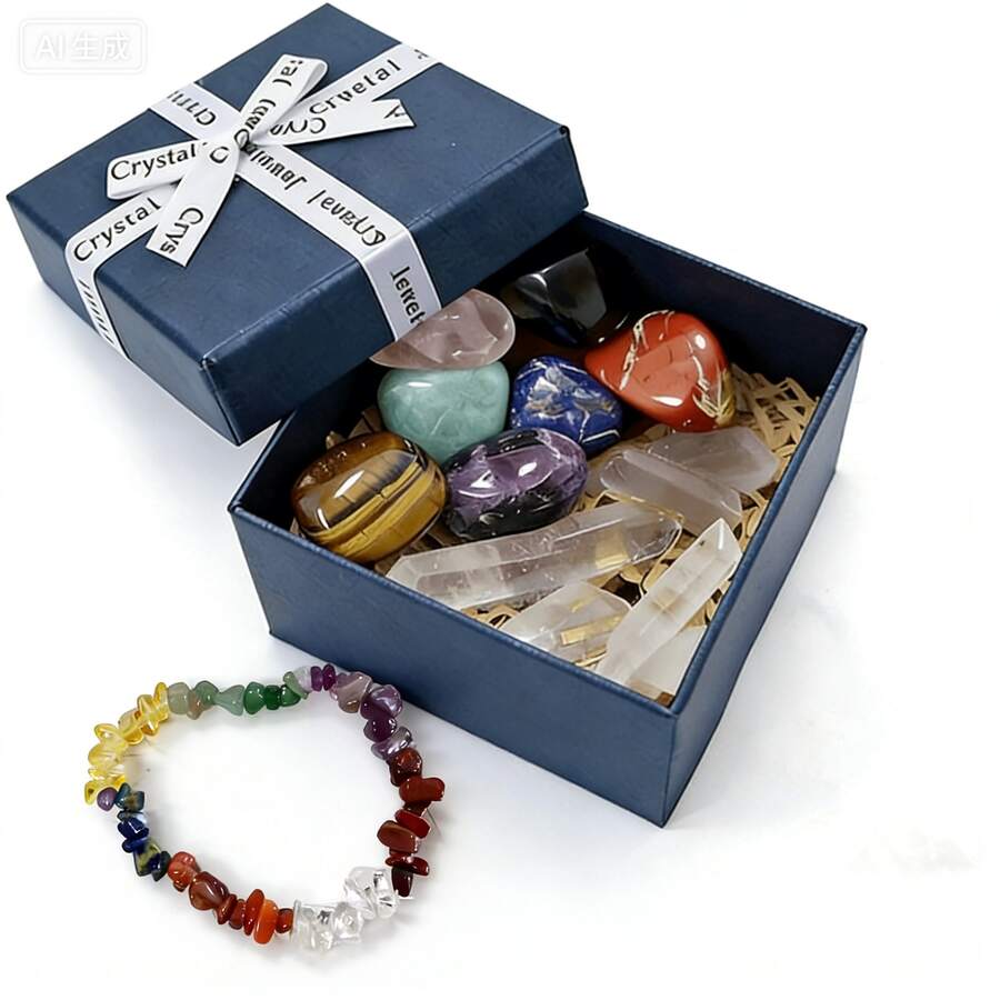 7pcs Wooden Box Set Of 7 Chakra Crystals & Healing Stones, Spiritual Meditation Gemstone Kit, Beginner Witchcraft Supplies, Raw Stone Gift