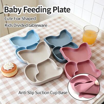 4-Color Silicone Baby Feeding Plate, Fox Shaped Suction Divided Tableware, Baby Self-Feeding Utensils For 6M+, Dishwasher & Microwave Friendly, Ideal Gift For Children's Day And Father's Day.