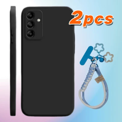 2pcs Black Silicone Anti-Drop Phone Case (1pc Black Case + 1pc Blue Star Lanyard), Compatible With Samsung Galaxy M32/M30s/M15/M11/M04/M02s/S21/S20/S10e/S10 Series Smartphones, Transparent Corner Anti-Drop Phone Case, Phone Case, Anti-Drop Phone Case, Transparent Phone Case, Minimalist Phone Case, Solid Color Phone Case, Transparent Phone Case, TPU Anti-Drop Phone Case