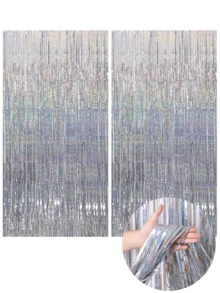 1/2片激光雨帘，银色金属流苏背景幕布，适用于生日、毕业典礼、订婚、新娘送礼会、万圣节、周年纪念日装饰，成人缎面薄纱帘，新年装饰，婚礼装饰，闪光铝箔流苏帘 - 查看 9