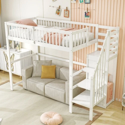 Letto a soppalco 90x200 con scala in legno bianco e ripiano portaoggetti/armadio singolo - Bianco - Visualizzare 1