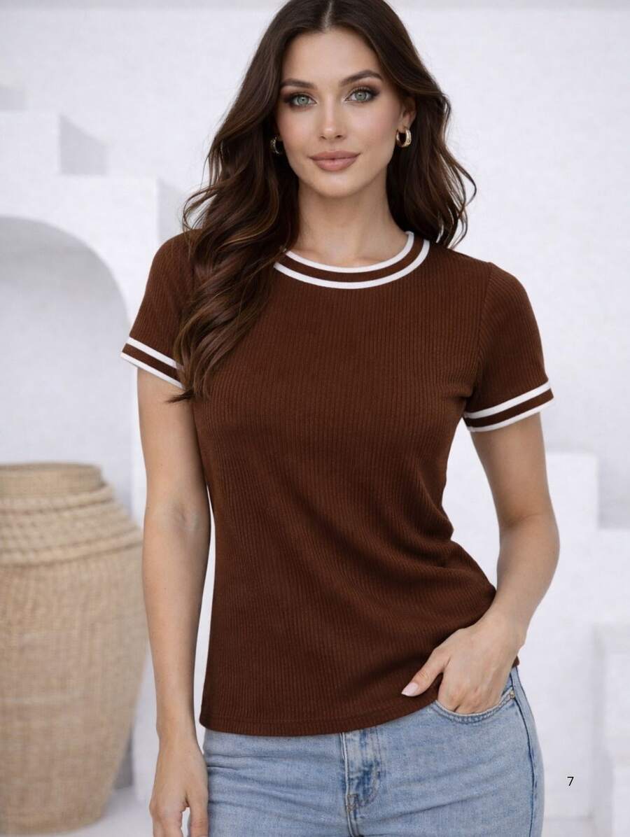 Women's Short-Sleeve Blouse In Ribbed Knit Fabric With Round Neck And Neck And Sleeve Details - Rust Brown - View 1