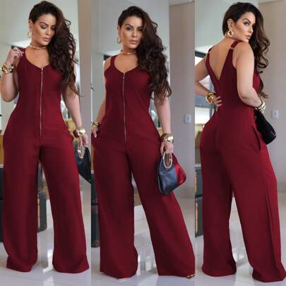 Macacão Feminino Longo Pantalona em Alfaiataria Premium com Zíper Frontal  Poliéster    Zíper  Pendão    macacão  Escritório    todas