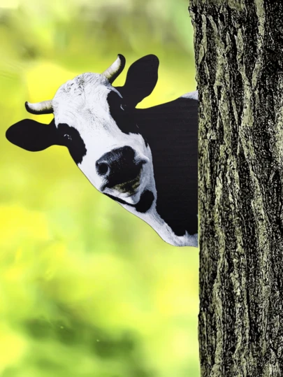 1件金属捉迷藏奶牛墙饰 - 乡村农舍风格装饰，适用于家居、花园和办公室 | 黑白动物主题，点缀俏皮树叶，圣诞节假日装饰